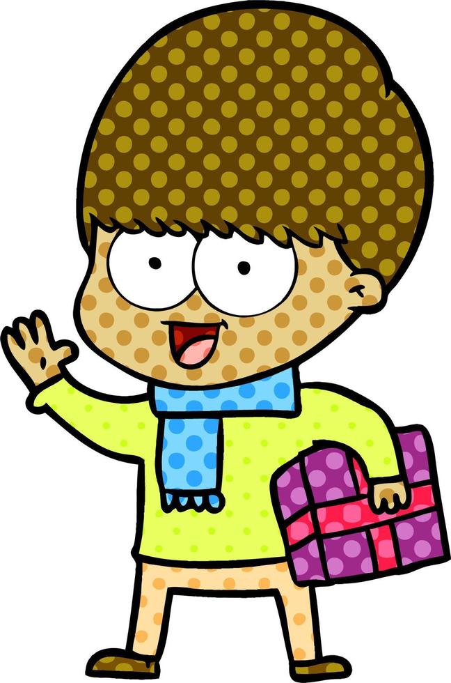 niño feliz de dibujos animados con presente vector