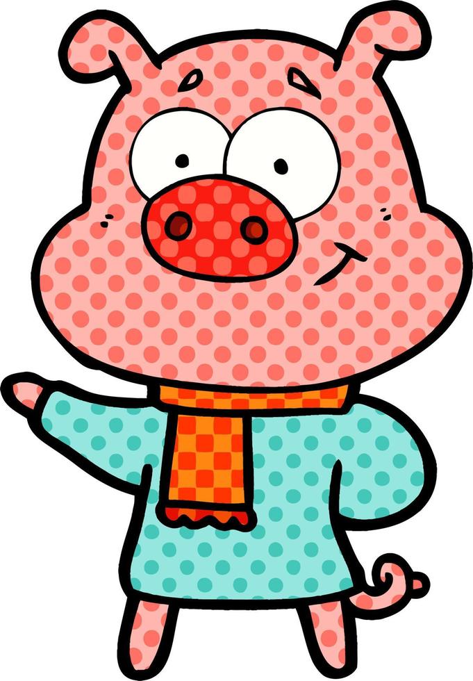 happy cartoon pig wearing warm clothes vector