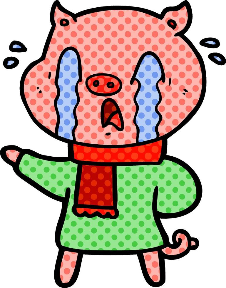 dibujos animados de cerdo llorando con ropa humana vector