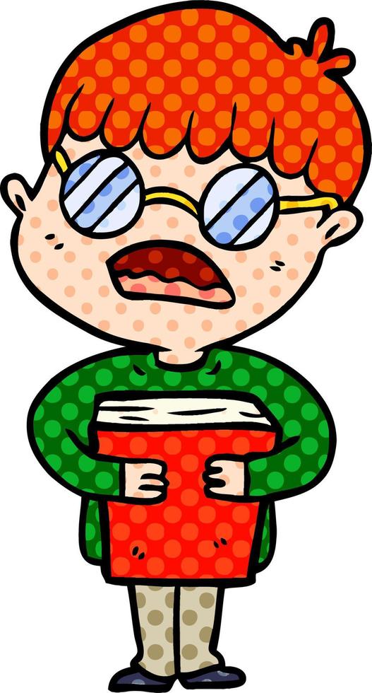 cartoon boy hugging book wearing spectacles vector