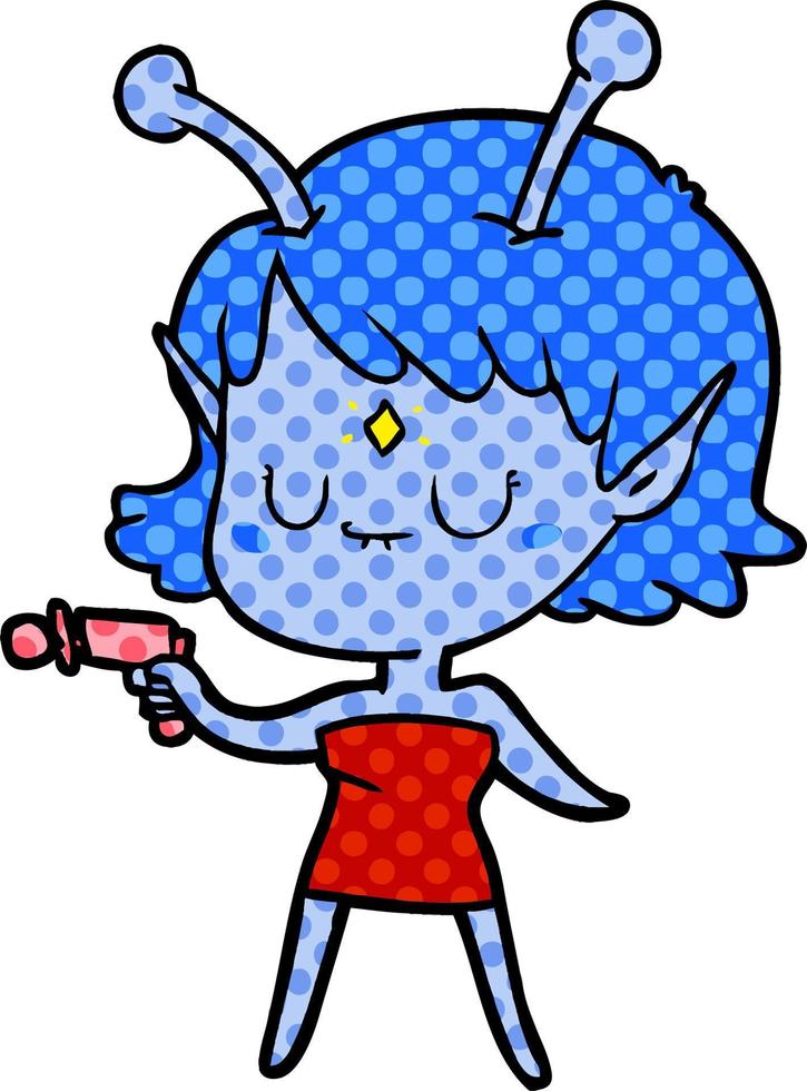 chica alienígena de dibujos animados con pistola de rayos vector