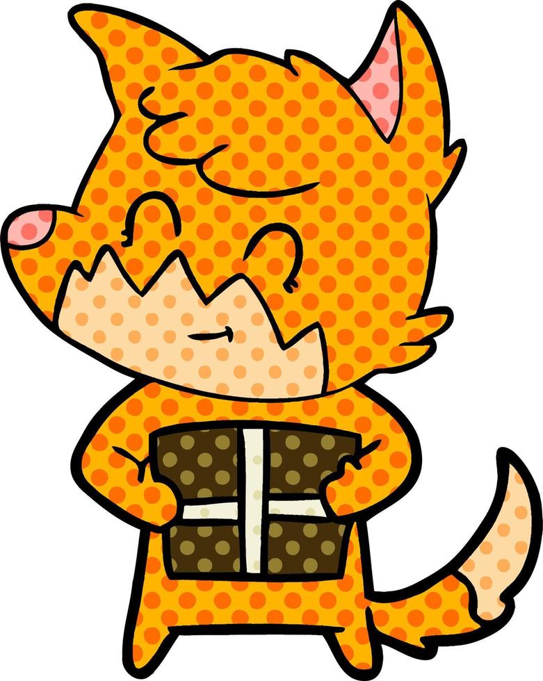 cartoon friendly fox with gift vector