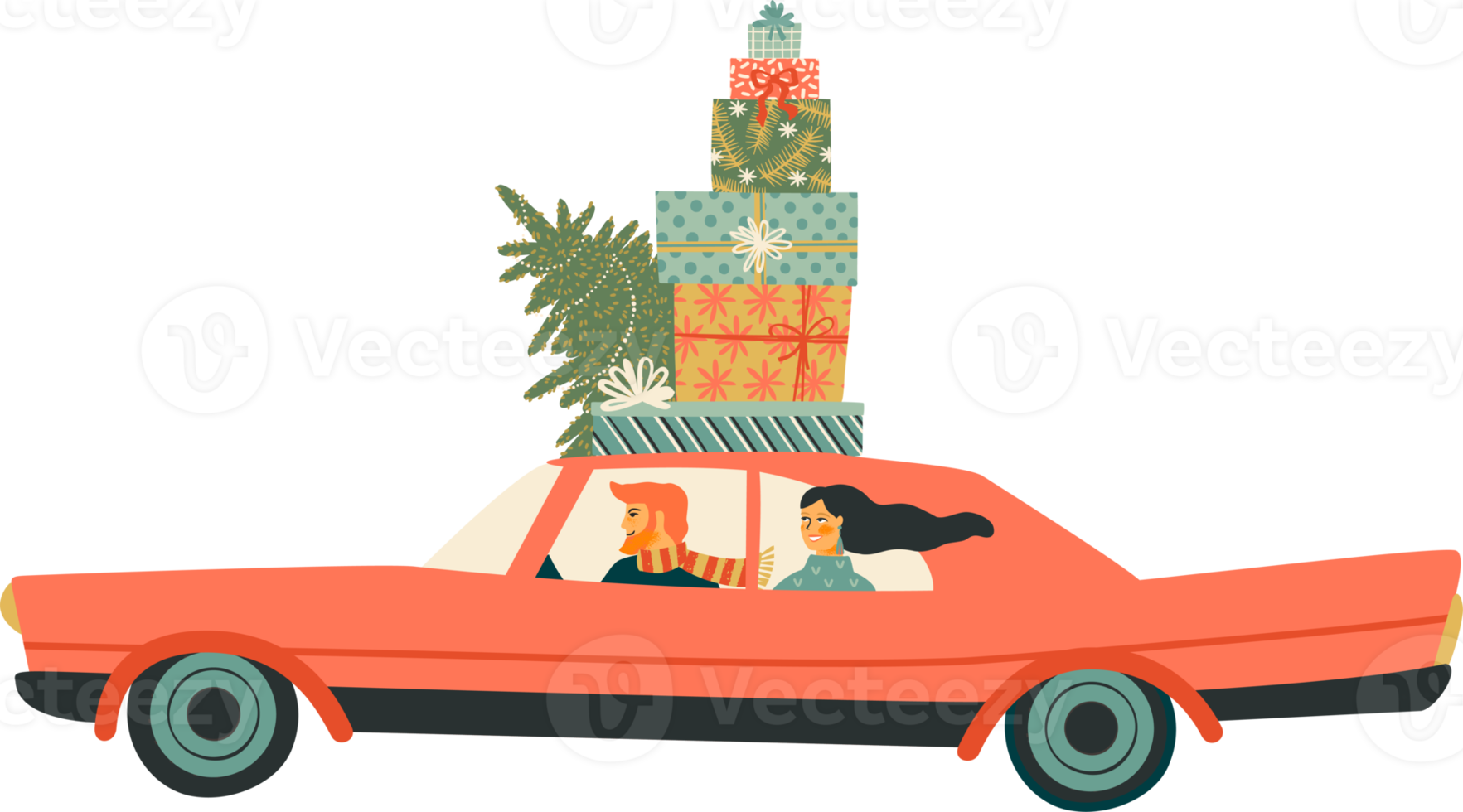 A woman and a man are riding in a red car with gifts and a Christmas tree png