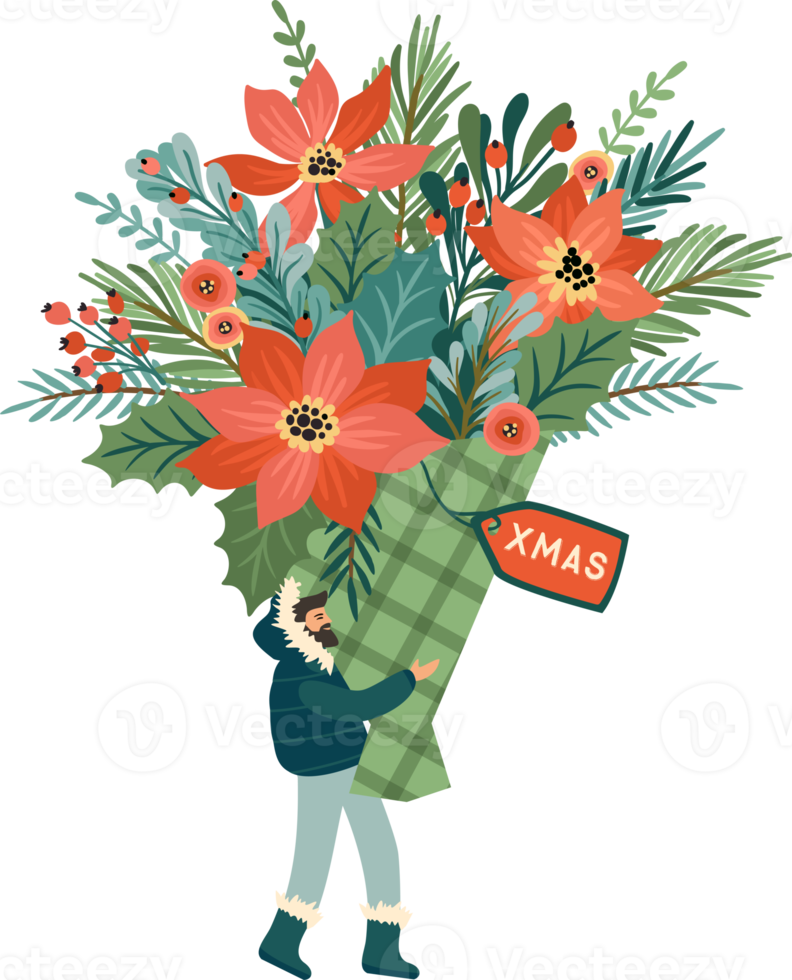 Man with a huge Christmas bouquet png