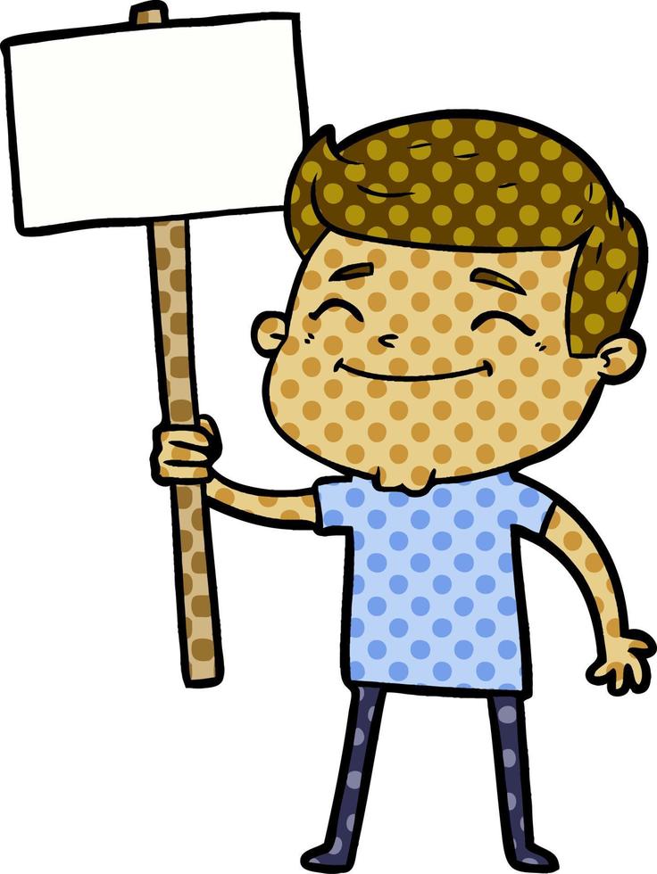 happy cartoon man with placard vector