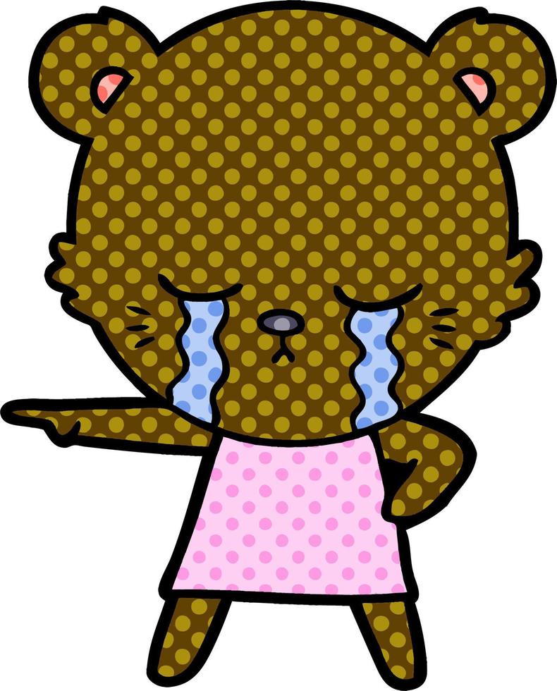 crying cartoon bear in dress pointing vector