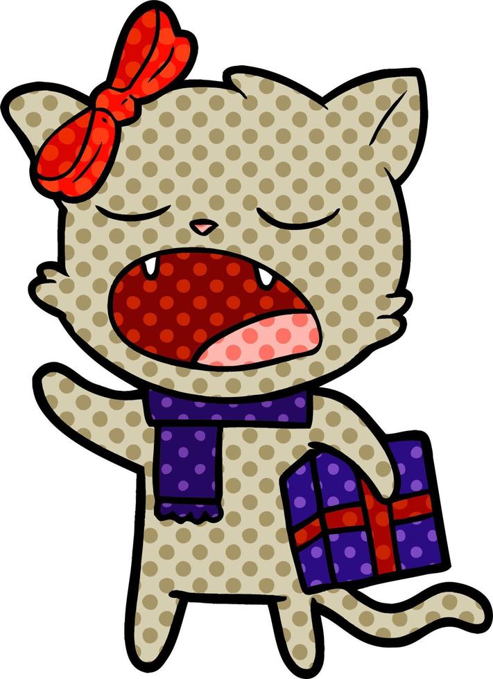 cartoon cat with christmas present vector