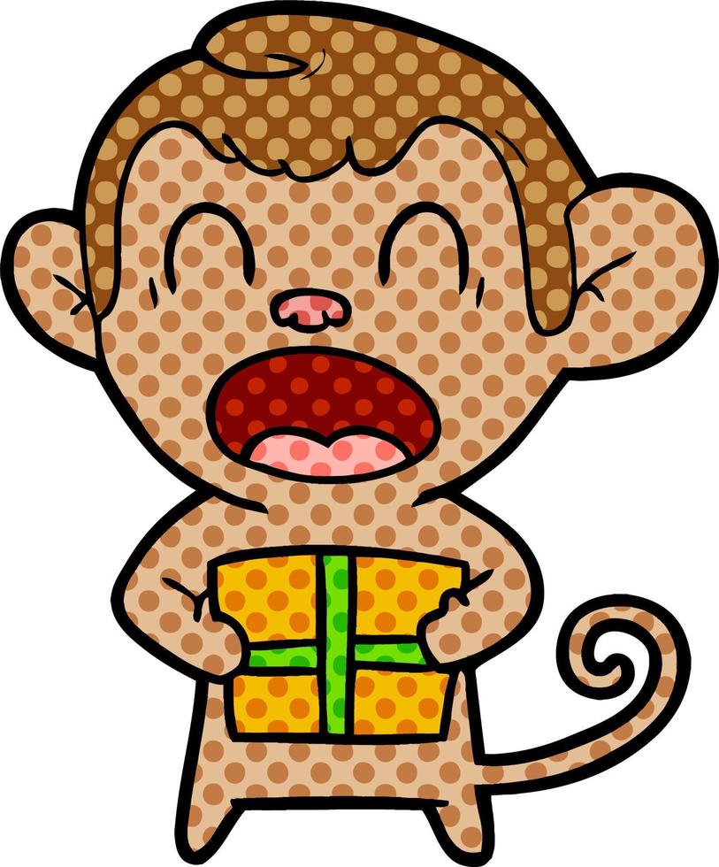 shouting cartoon monkey carrying christmas gift vector