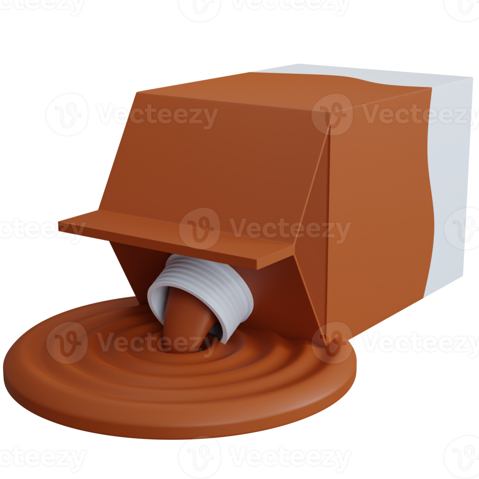 Caja de leche con chocolate de renderizado 3d con líquido de leche derramada aislado png