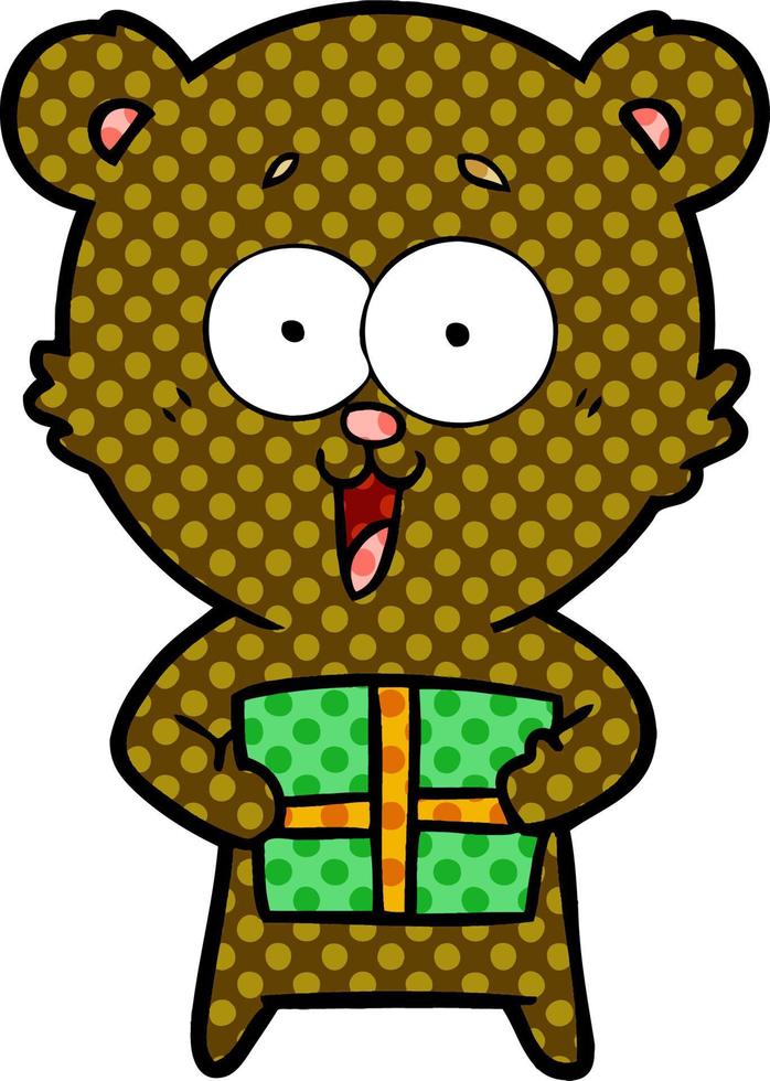 laughing teddy  bear with christmas present vector