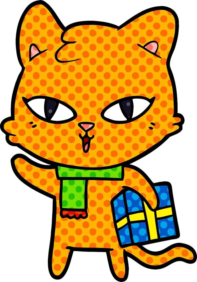 cartoon cat with a present vector