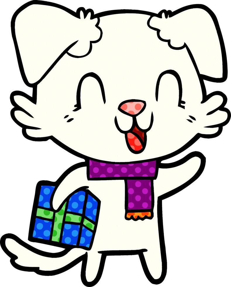 laughing cartoon dog with christmas present vector