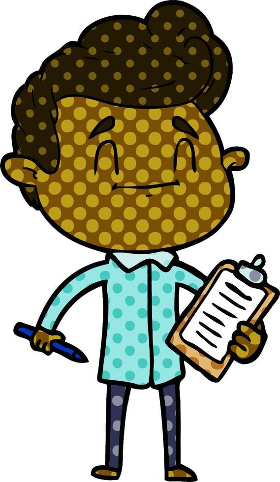 happy cartoon man with pen and clipboard vector