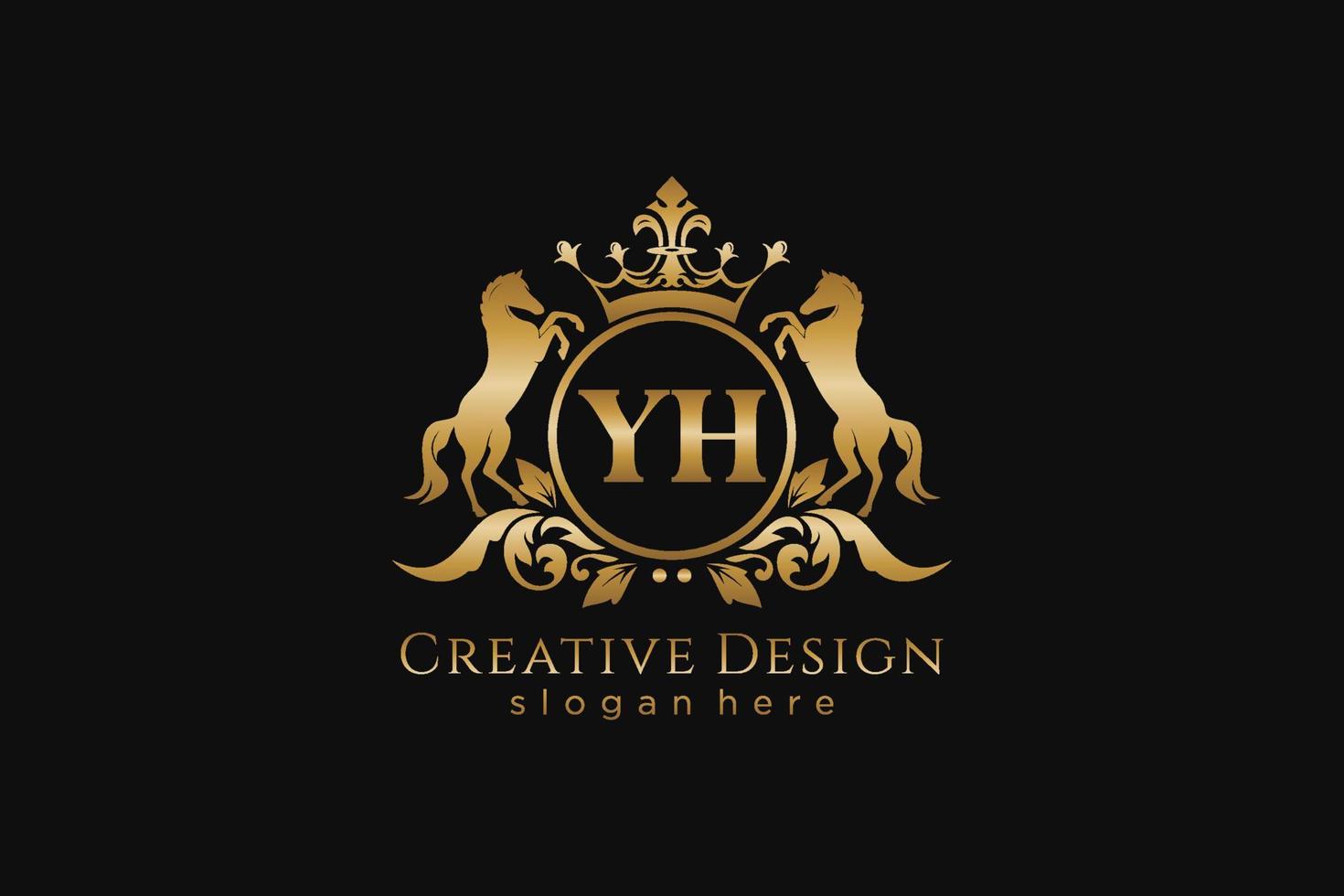 initial YH Retro golden crest with circle and two horses, badge template with scrolls and royal crown - perfect for luxurious branding projects vector
