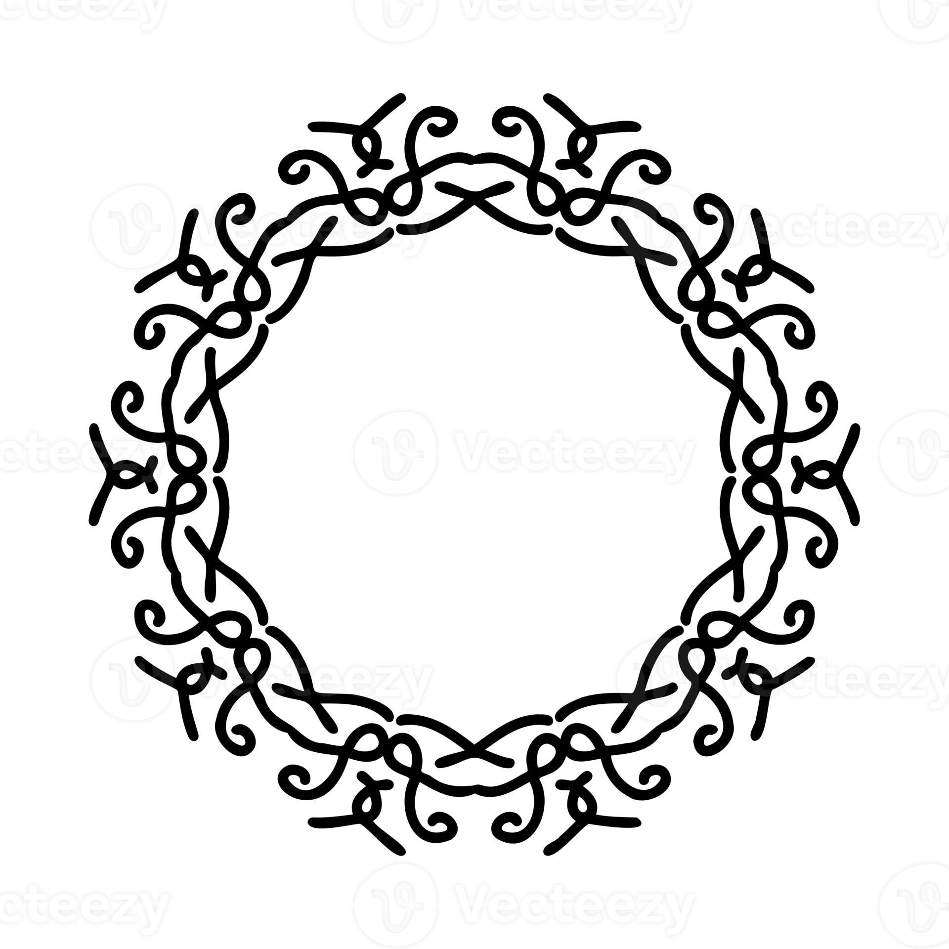 Circle vintage frame, black line art, ornate patterned frame. PNG with