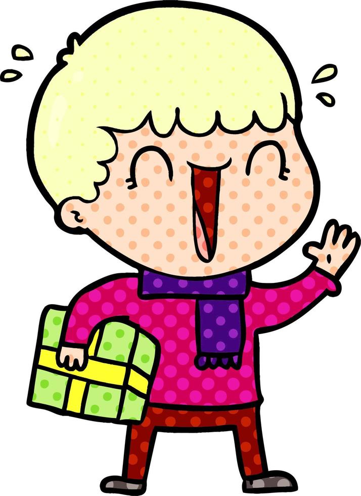 laughing cartoon man with present vector