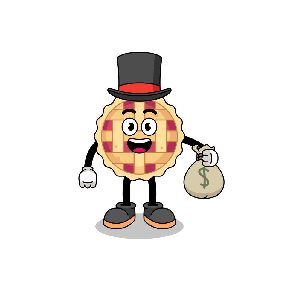 apple pie mascot illustration rich man holding a money sack vector