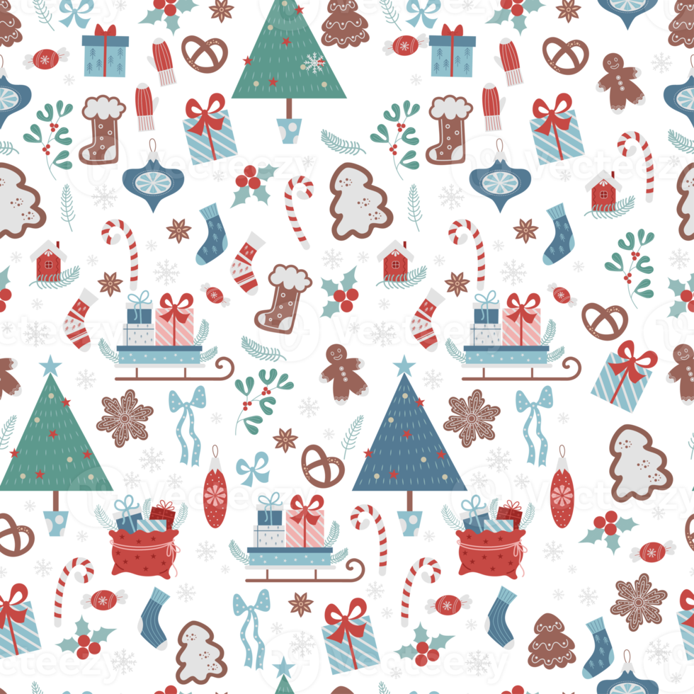 Christmas seamless pattern. New Years decor, gingerbread, tree, sleigh, gifts, socks , christmas ornament, Winter pattern png