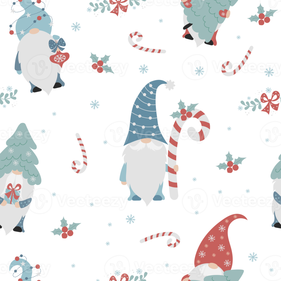 Christmas Seamless pattern with cute cartoon gnomes with caramel stick, gift, christmas tree and ball on blue background with New Years mistletoe and snowflakes. Vector illustration. png