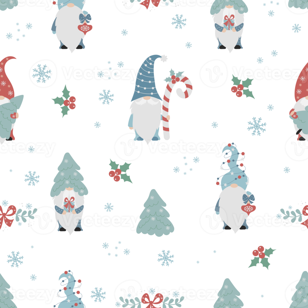 Seamless pattern with Christmas scandinavian gnomes with caramel stick and christmas tree on background with New Years mistletoe and snowflakes. illustration. cartoon cute style png