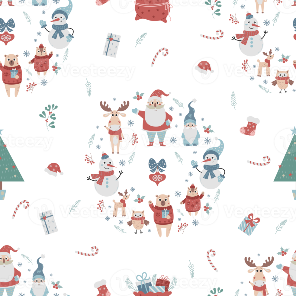 Christmas cute seamless pattern. New Years Santa characters, snowman and cute animals png