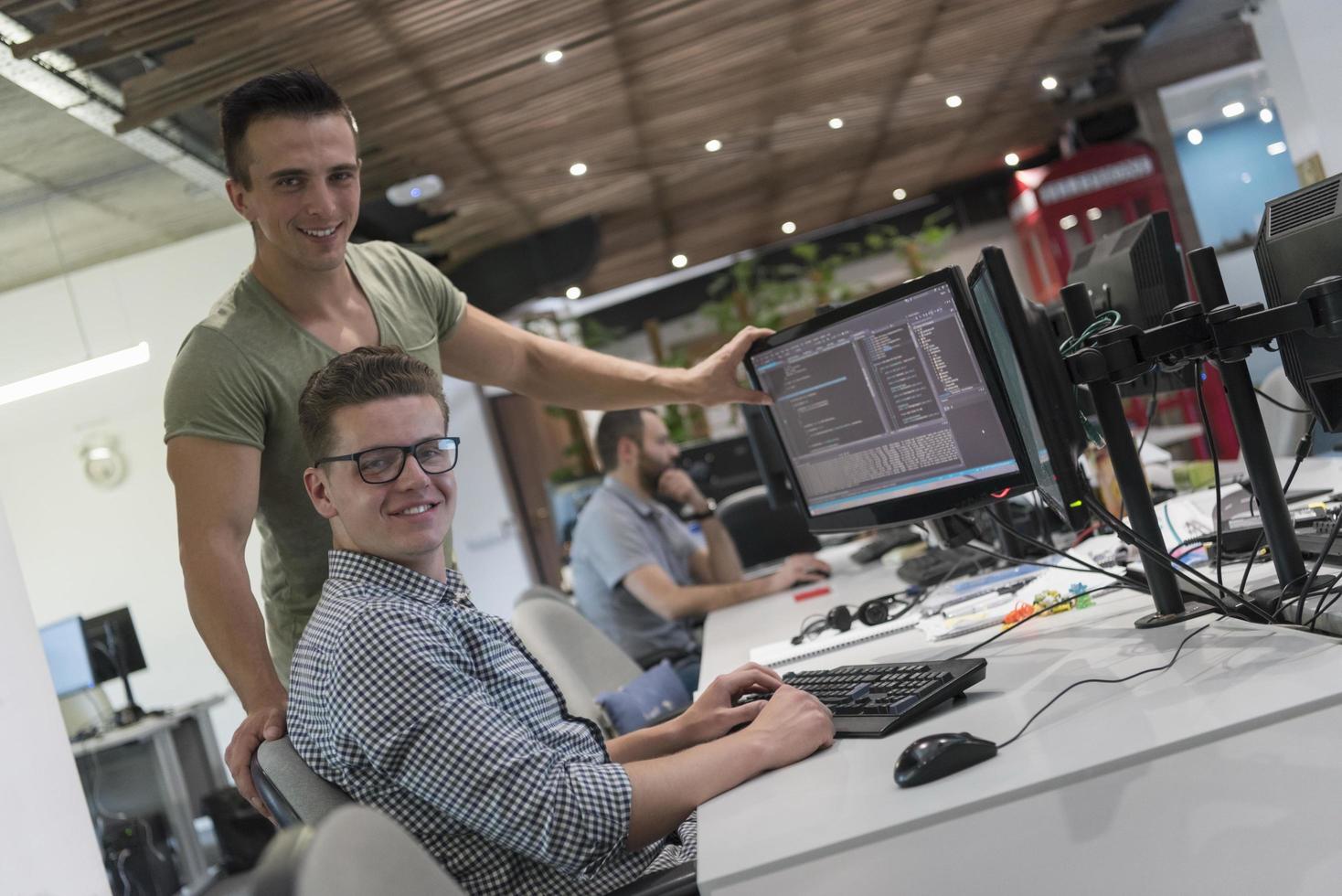 startup business people group working as team to find solution photo