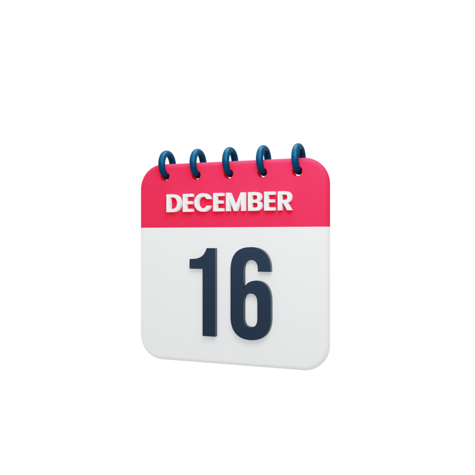 icône de calendrier réaliste de décembre date de rendu 3d 16 décembre png