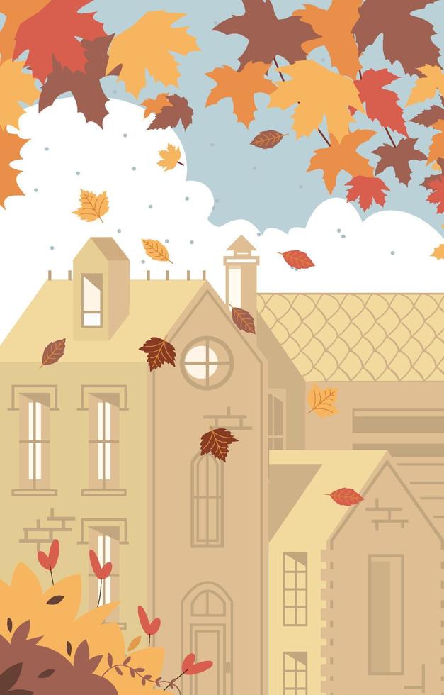 las hojas de otoño caen sobre el fondo de las casas vector
