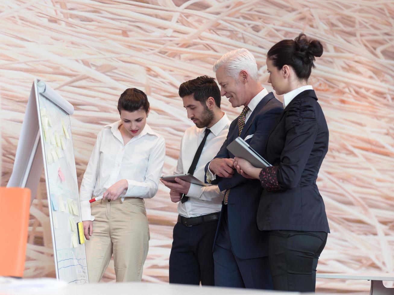 businesswoman presenting ideas and projects on white board photo