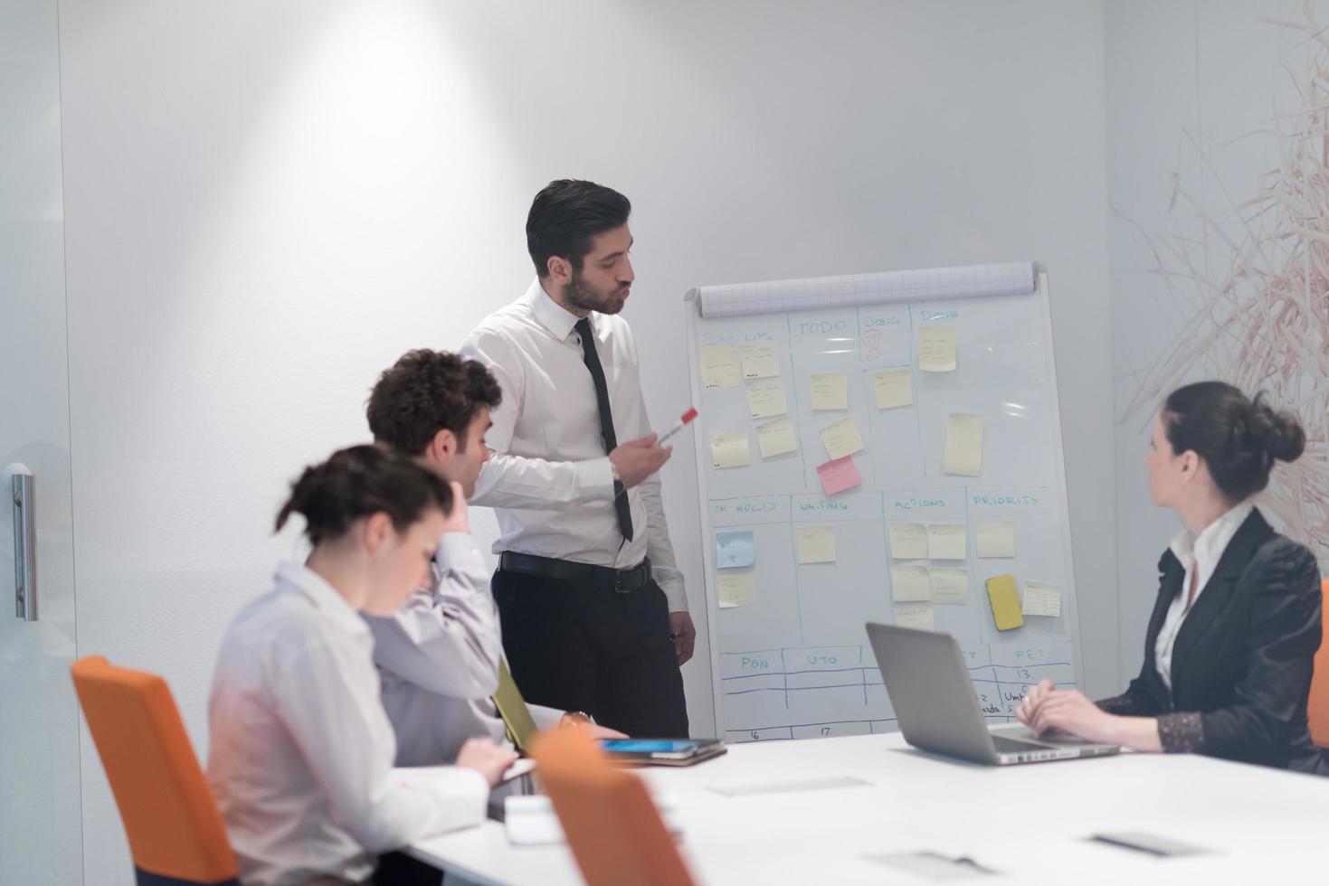 business people group brainstorming and taking notes to flip board photo