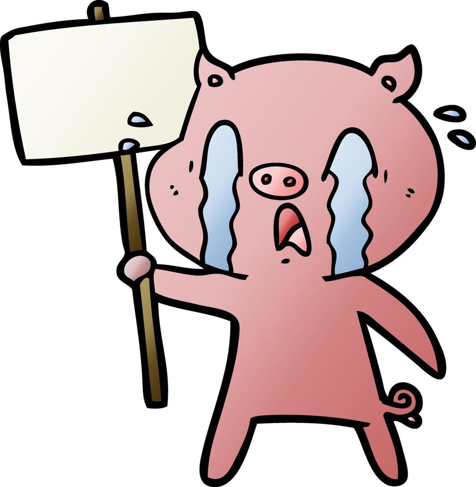 crying pig cartoon with protest sign vector