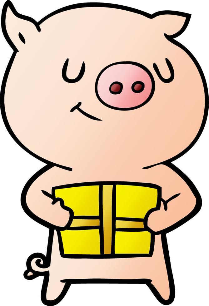 happy cartoon pig with christmas present vector