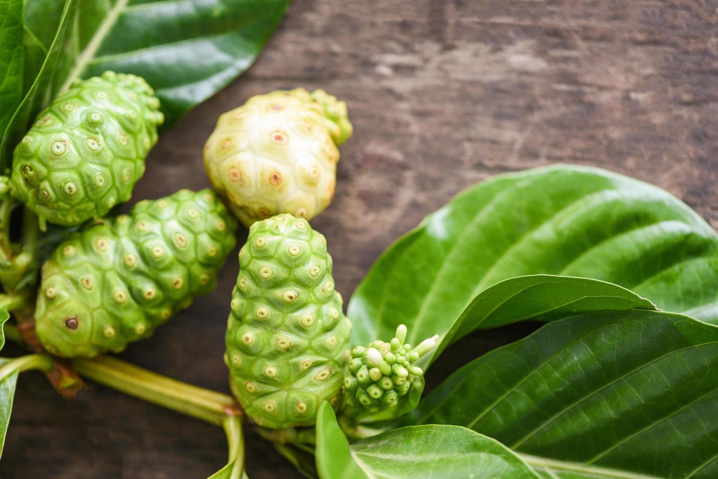 noni fruit on wooden background - fresh ripe and raw noni leaf , Great morinda Noni or Morinda citrifolia photo