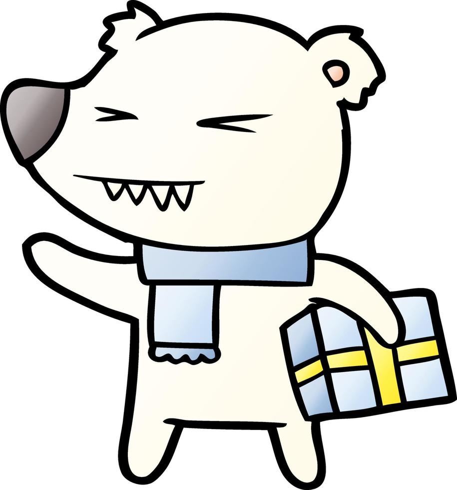 cartoon angry polar bear with xmas present vector