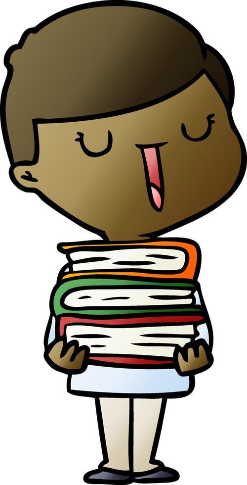 cartoon happy boy with stack of books vector