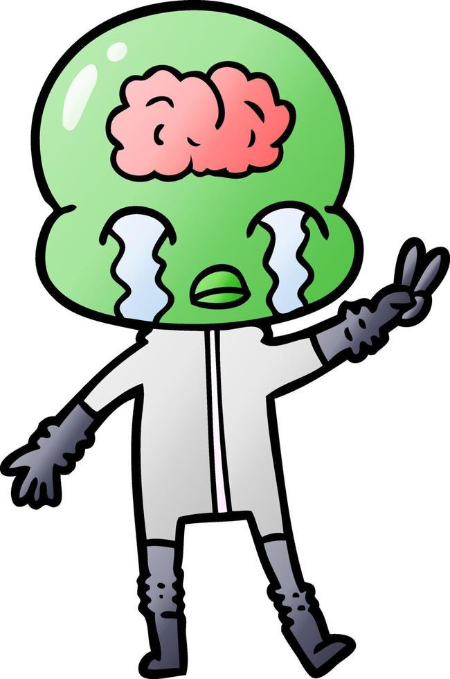 cartoon big brain alien crying and giving peace sign vector