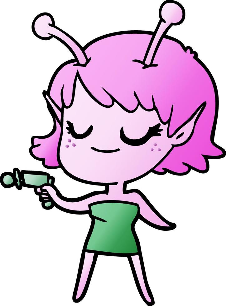 Sonriente niña alienígena dibujos animados apuntando pistola de rayos vector