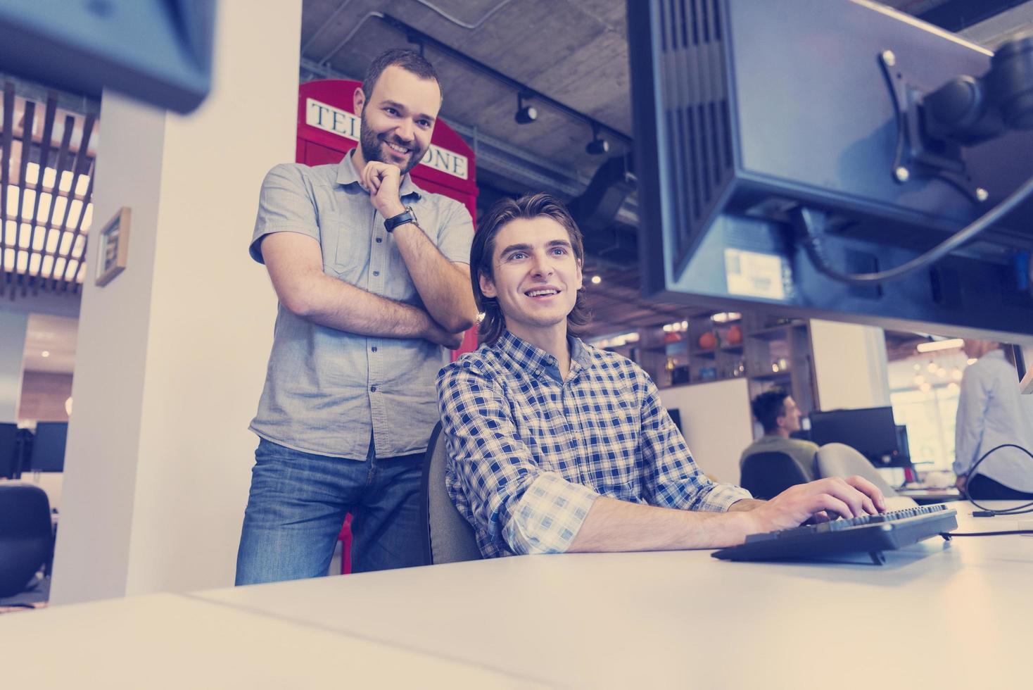 startup business people group working as team to find solution photo