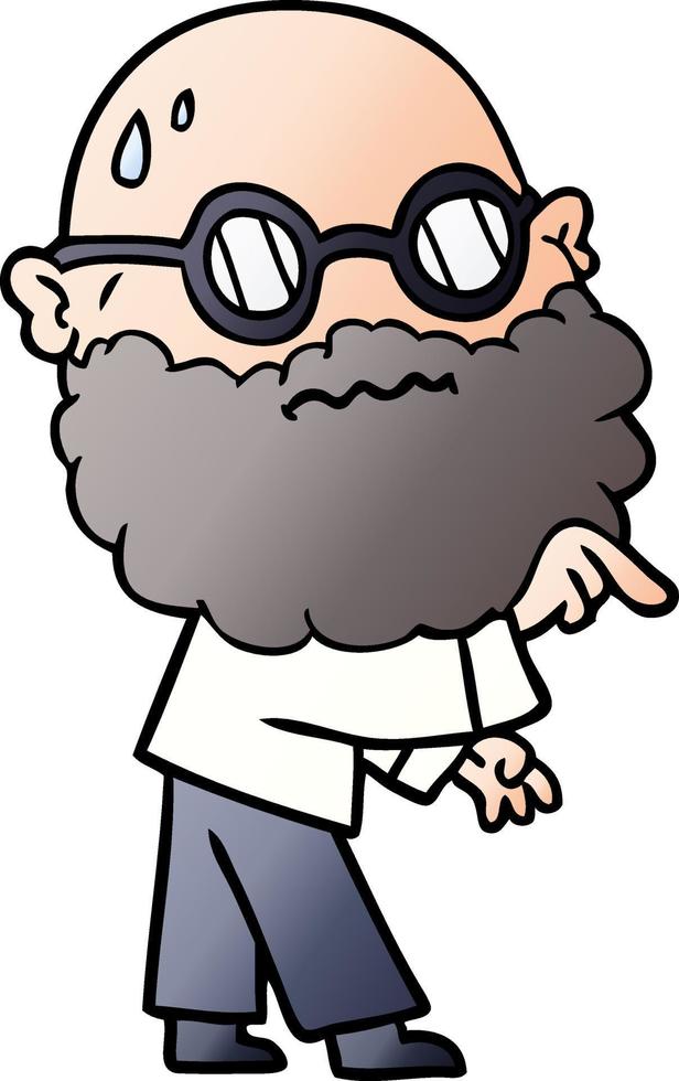 cartoon worried man with beard and spectacles pointing finger vector