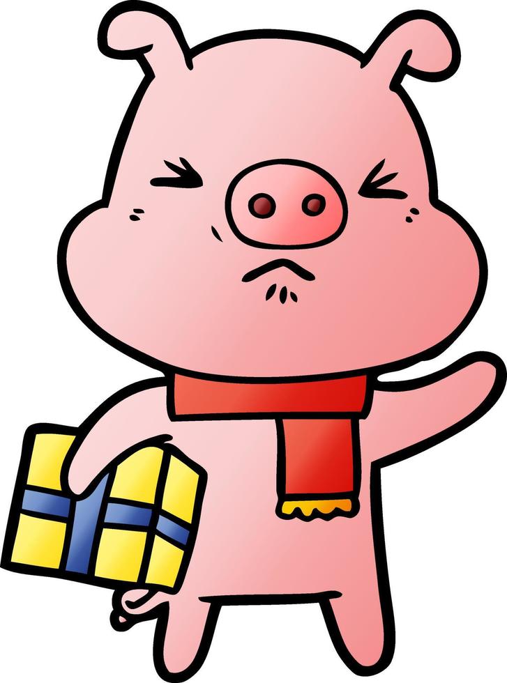cartoon angry pig with christmas present vector