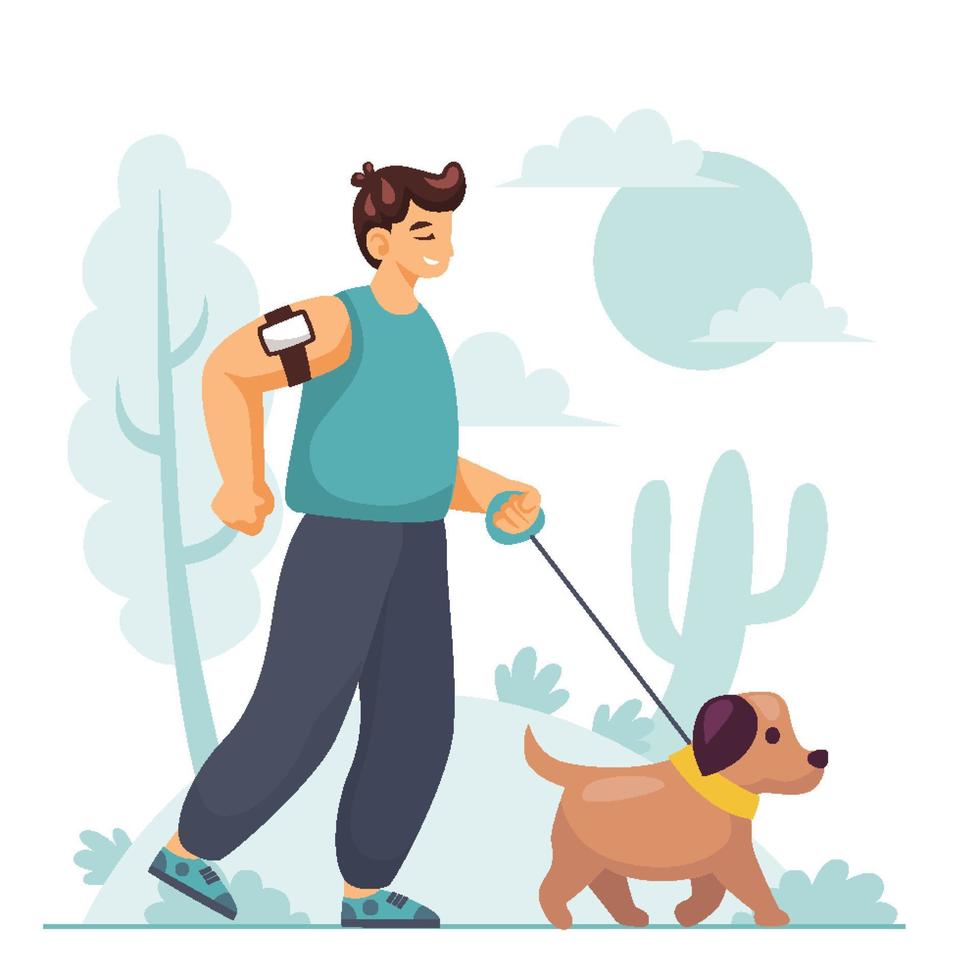 jóvenes caminando con perro en el bosque vector