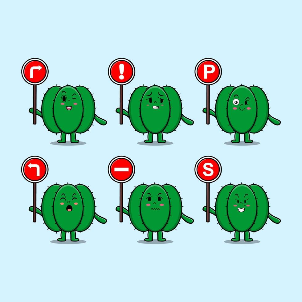 lindo personaje de dibujos animados de cactus con señal de tráfico vector