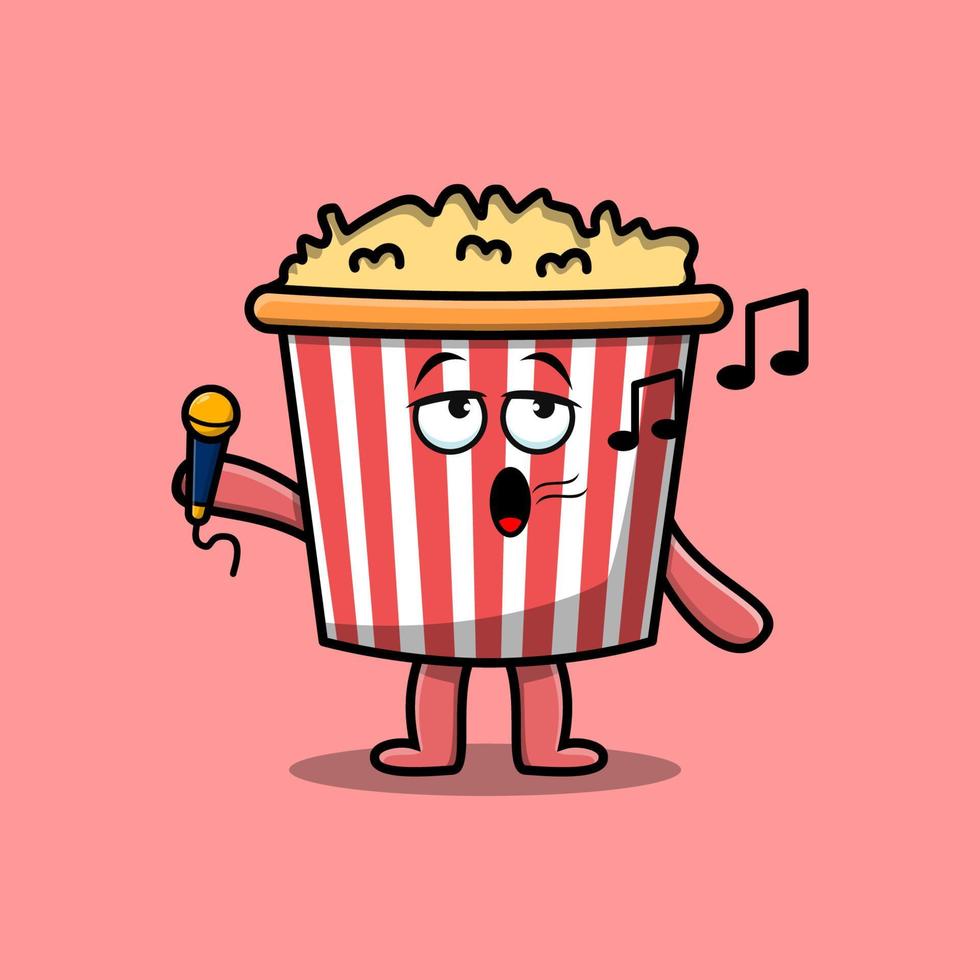 Cute cartoon Popcorn singer character holding mic vector