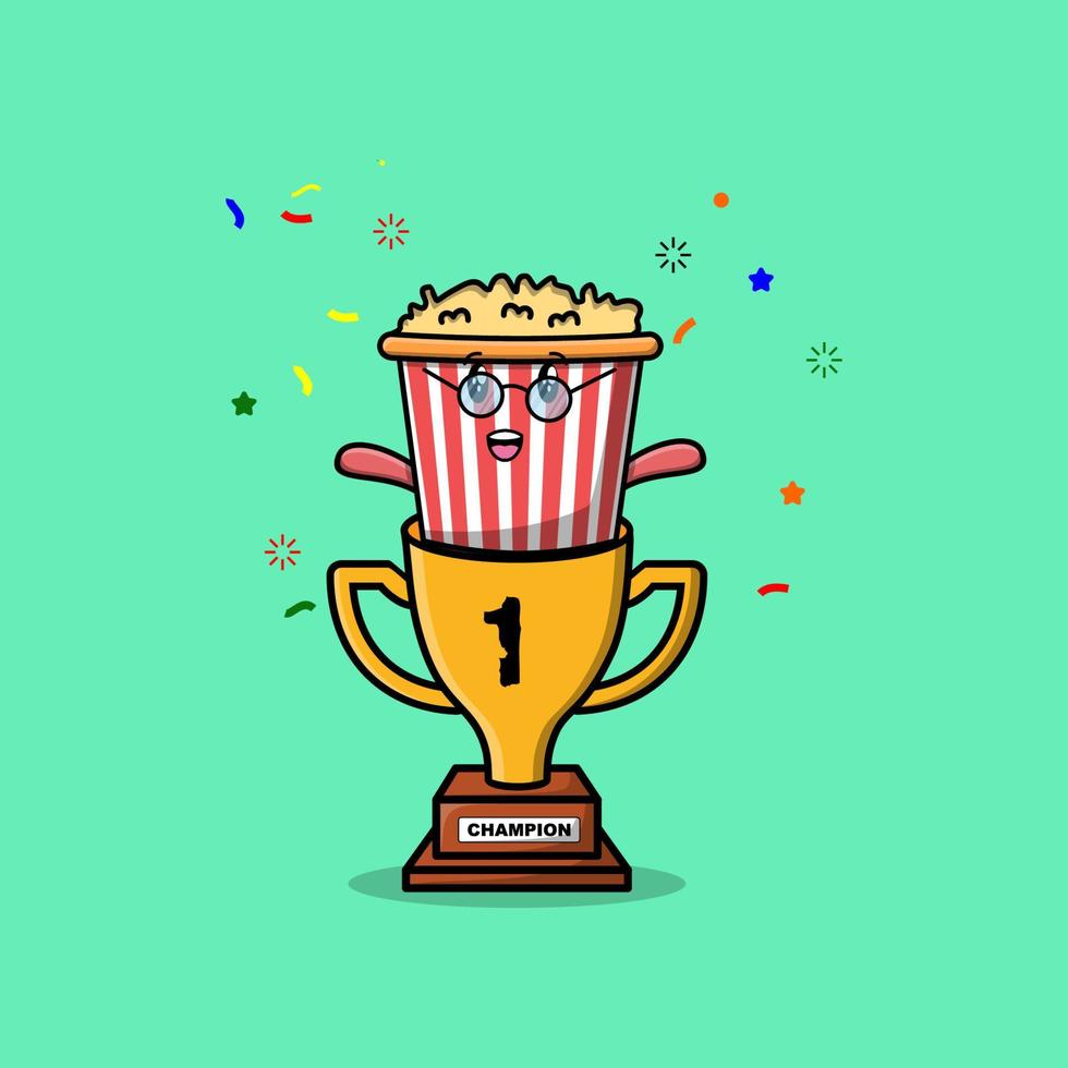 Cute cartoon Popcorn character in trophy vector