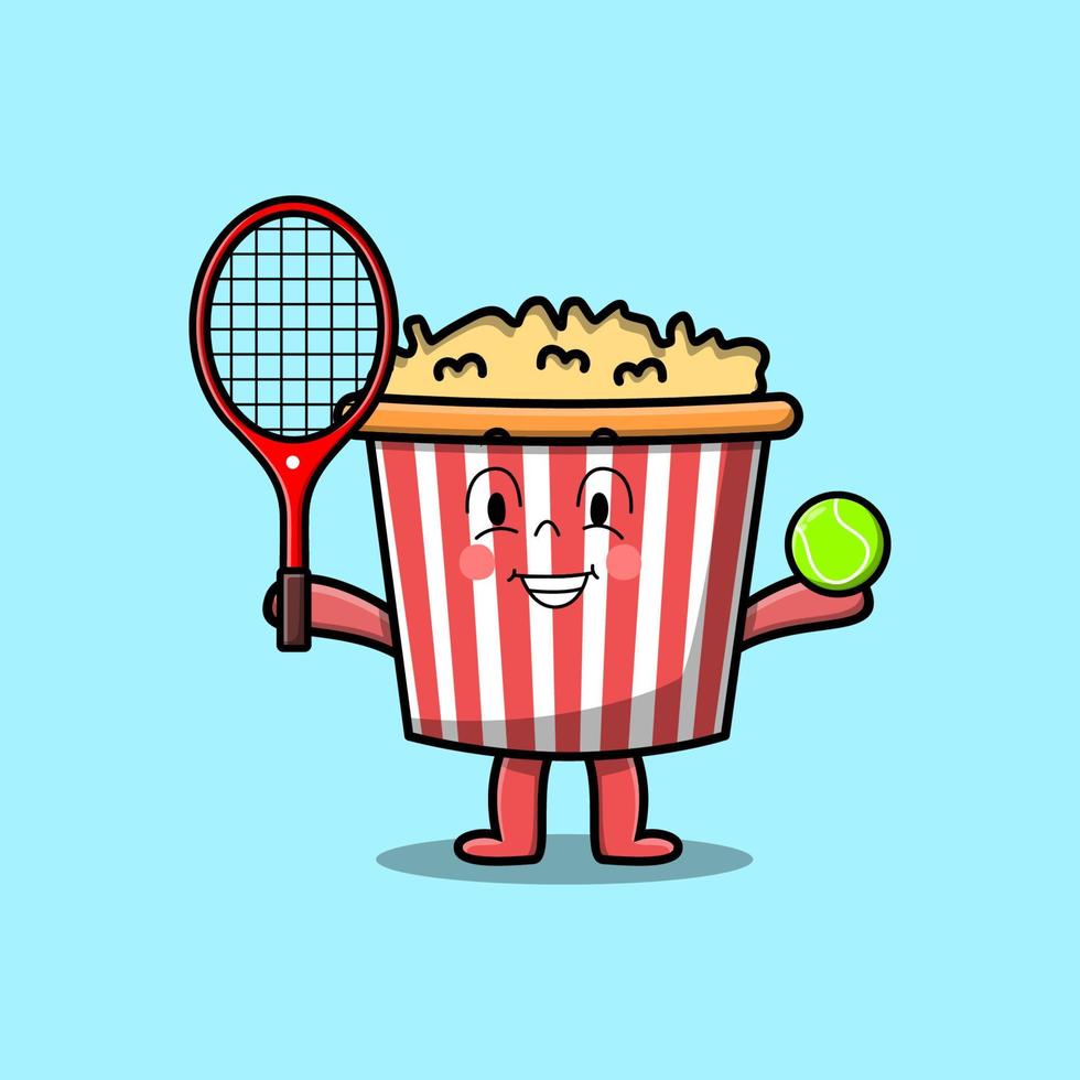 personaje de palomitas de maíz de dibujos animados lindo jugar campo de tenis vector