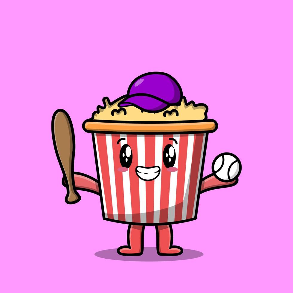 personaje de palomitas de maíz de dibujos animados lindo jugando béisbol vector