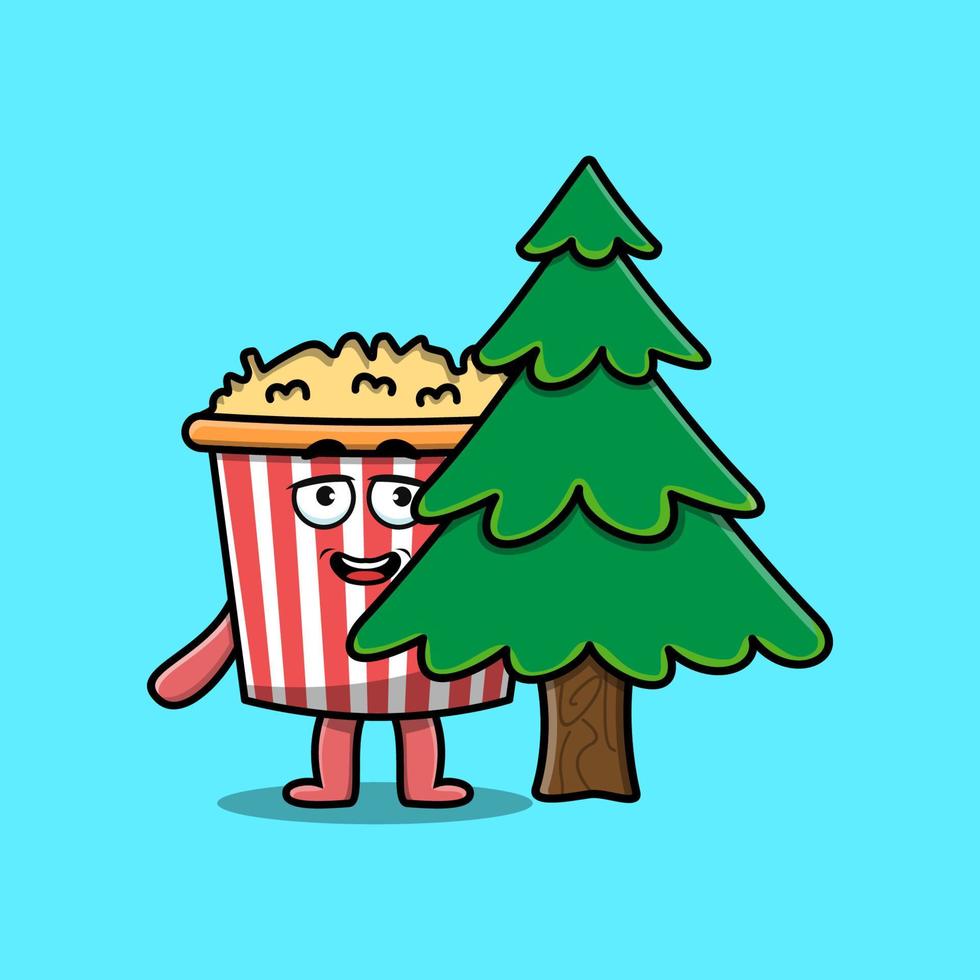 lindo personaje de palomitas de maíz de dibujos animados árbol escondido vector