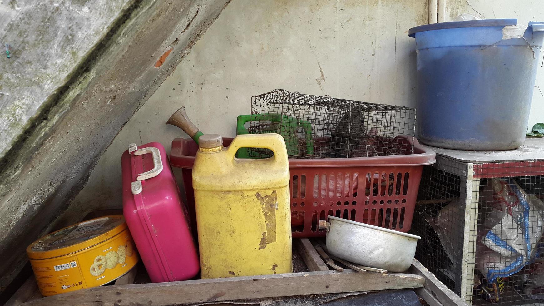 jerry cans, buckets and unused items in the warehouse photo