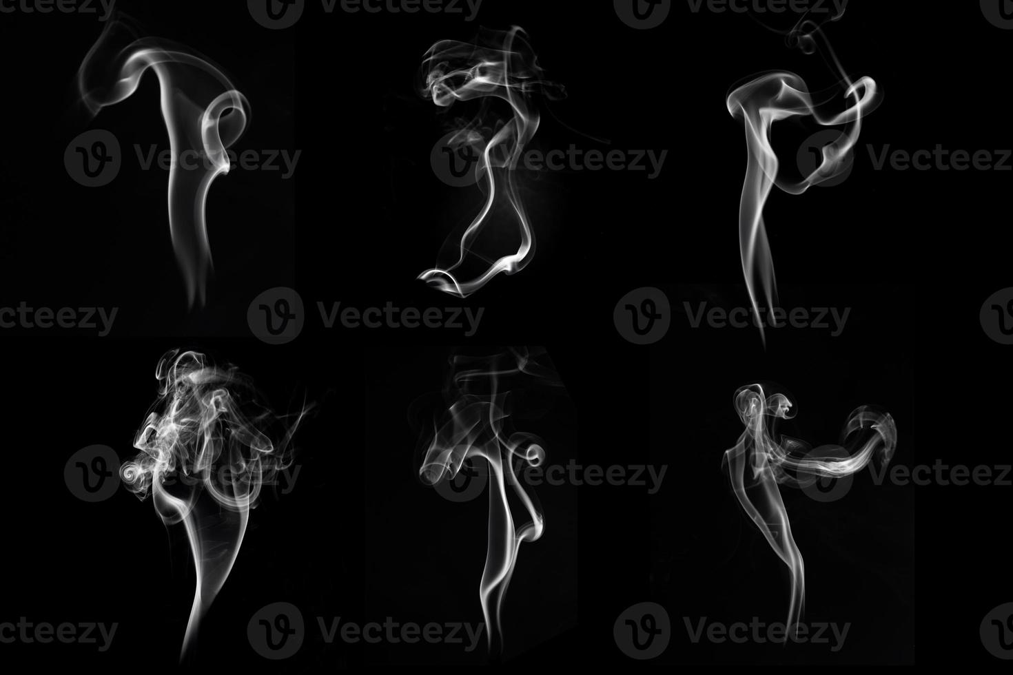 Multi style of white smoke pack shot in studio, white smoke from incense and black background, wave and splash shape for design, object and background concept photo