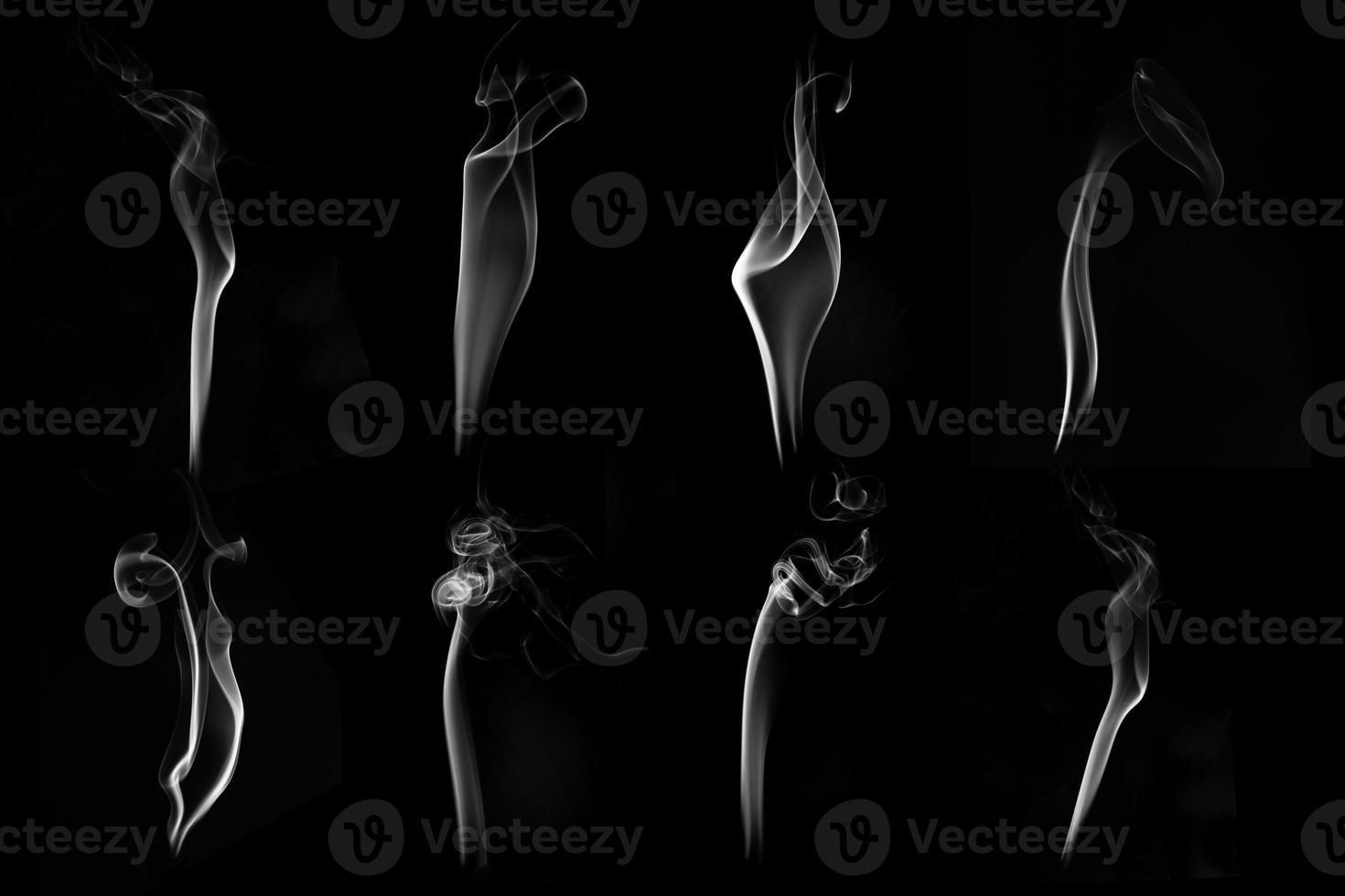 Multi style of white smoke pack shot in studio, white smoke from incense and black background, wave and splash shape for design, object and background concept photo